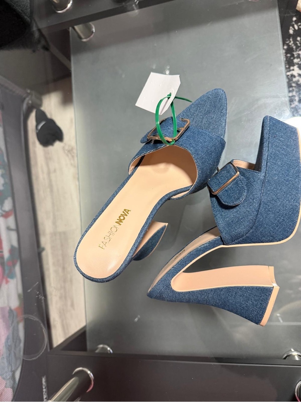 Fashion Nova Denim Blue Buckle Block Heel Mules